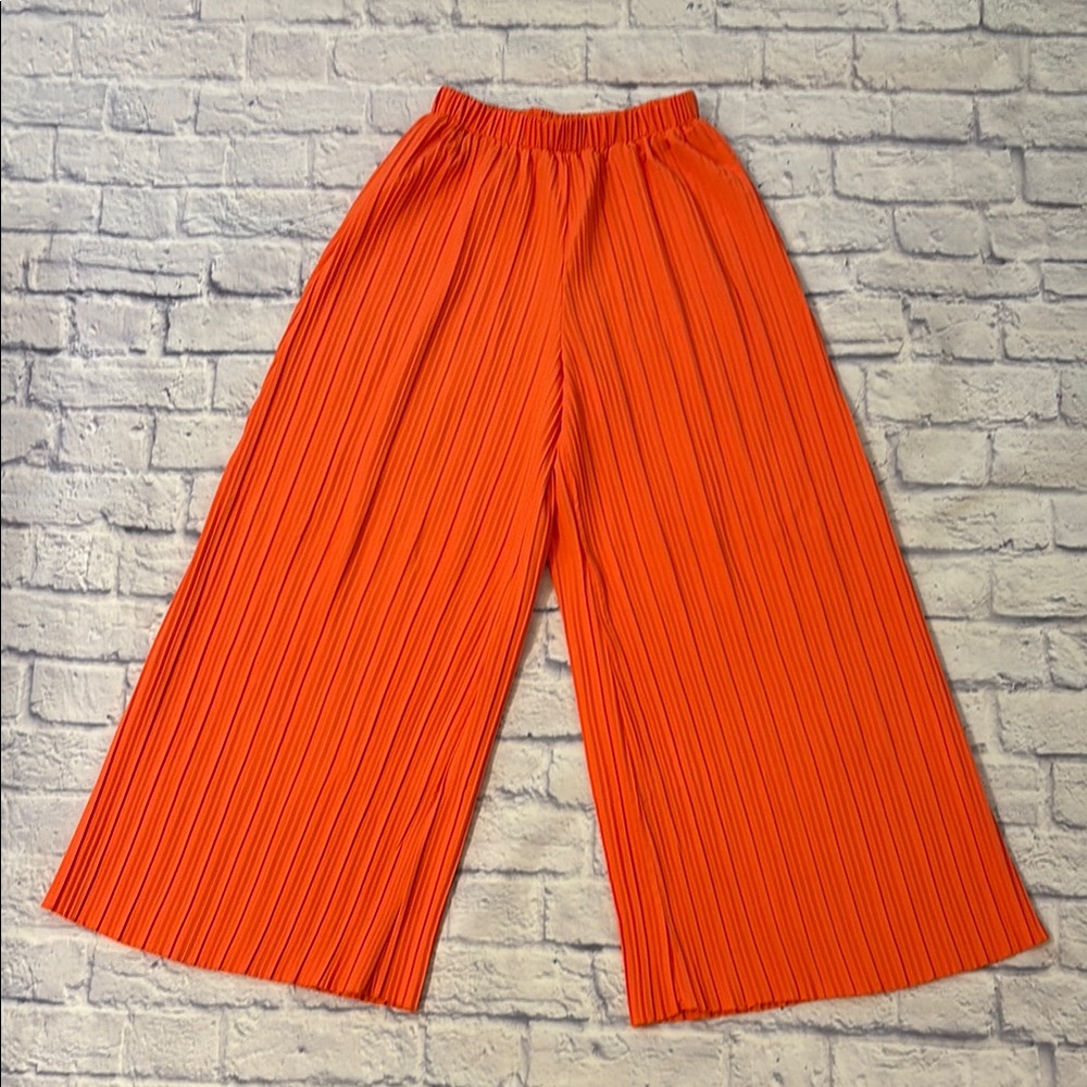 Wide Leg High Waisted Pull-on Flowy Pants Bright Orange Ribbed Fabric XS Small
